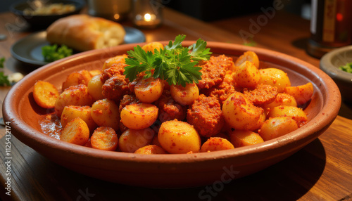 Spiced potatoes with sausage in a rustic clay dish