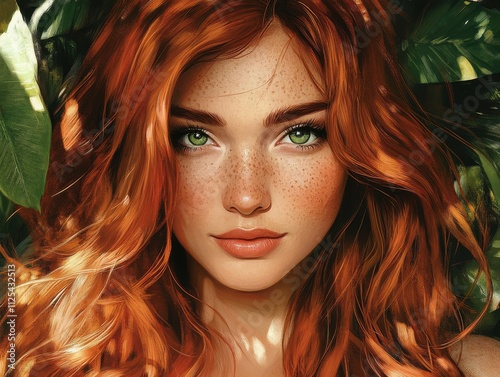 Portrait of Attractive Woman with Long Wavy Red Hair and Green Eyes