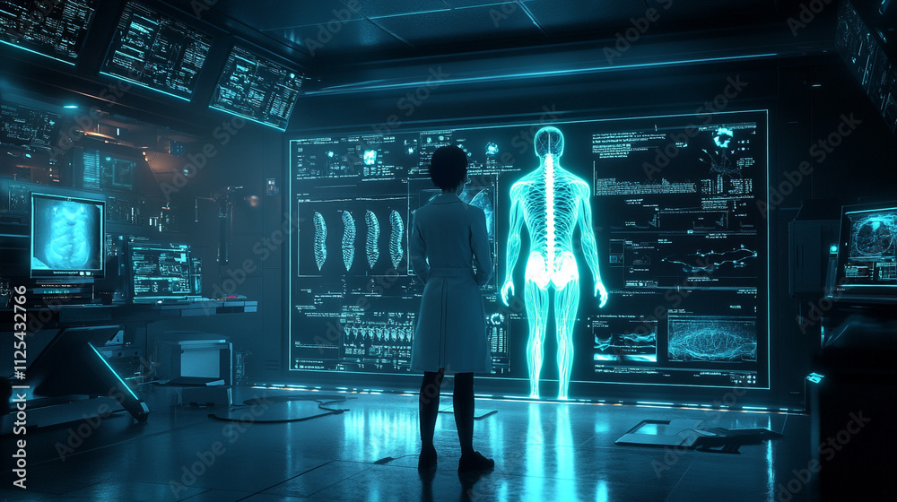 Futuristic Medical Lab  Scientist Analyzing Digital Human Anatomy on Holographic Screen