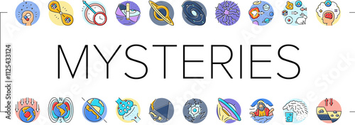 unsolved mysteries question icons set vector. dark matter, energy, origin of the universe life, consciousness, time travel, hole unsolved mysteries question color line illustrations