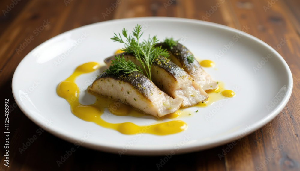 Plated fish fillets with lemon butter sauce Plated fish fillets with lemon butter sauce