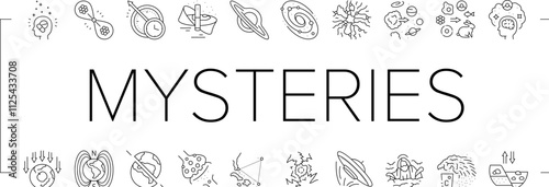 unsolved mysteries question icons set vector. dark matter, energy, origin of the universe life, consciousness, time travel, hole unsolved mysteries question black contour illustrations