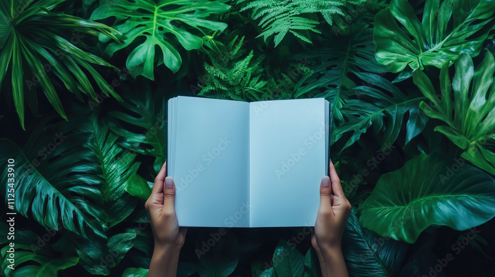 Hands holding open book with blank pages on tropical green leaves background Hands holding open book with blank pages on tropical green leaves background