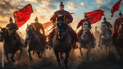 Epic medieval cavalry scene with warriors in traditional armor riding horses against dramatic sunset, red battle flags flowing in wind creating dynamic historical atmosphere