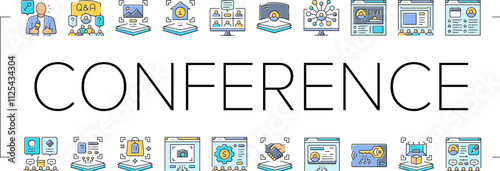 virtual conference event online icons set vector. quarantine video, digital business, screen people, presentation technology caller virtual conference event online color line illustrations
