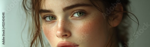 Young woman with captivating green eyes and natural makeup gazes thoughtfully towards the camera in a softly lit indoor setting