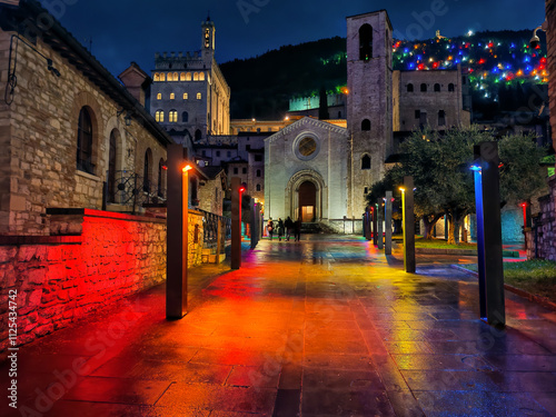 Magic atmosphere in the old square of Gubbio at christmas time, Umbria region, Italy