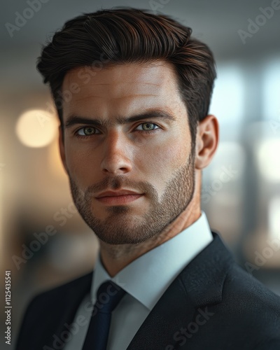 Confident businessman in a stylish suit poses for a professional portrait in a modern office environment