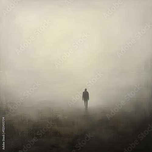 A solitary figure appears as a silhouette against a thick fog, creating a mysterious and serene scene in an expansive, unbroken landscape. AI generated. photo