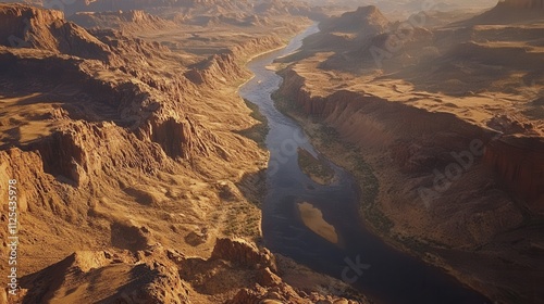 Stunning aerial view of winding river through rugged desert landscape during golden hour