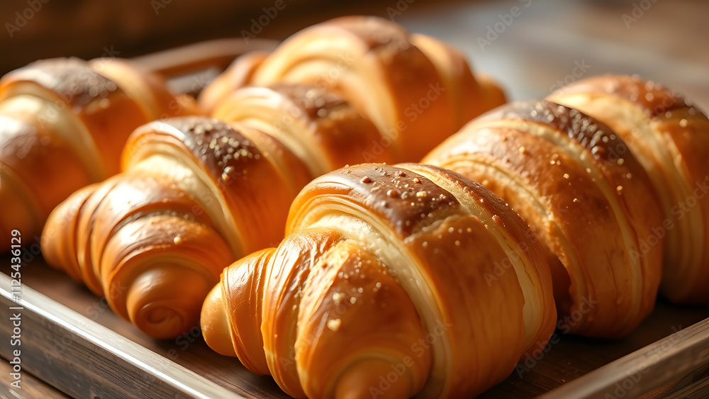 golden croissants arranged neatly on a rustic wooden tray with soft morning light golden croissants arranged neatly on a rustic wooden tray with soft morning light