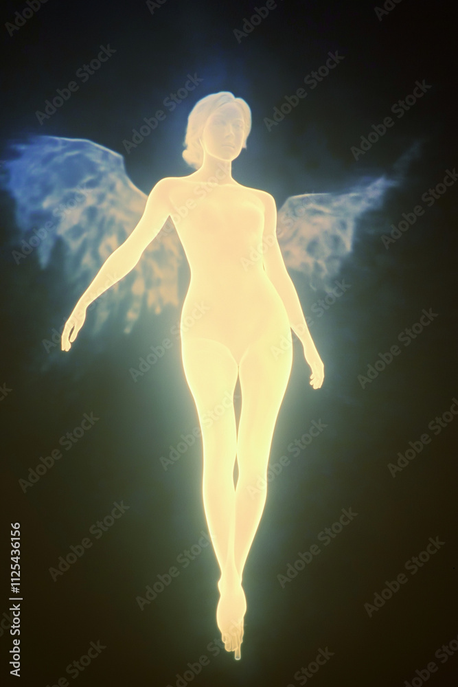 Obraz premium Glowing angelic figure with wings floats above sleeping person.