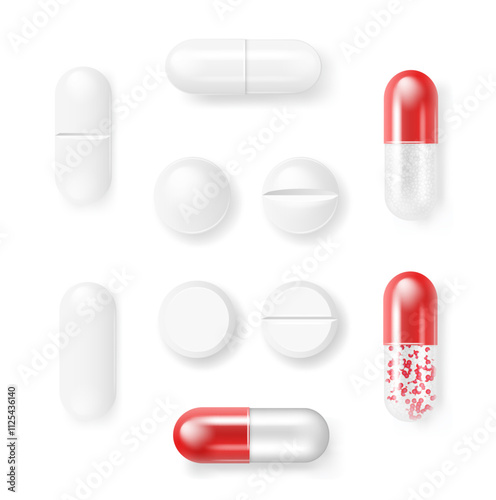 Pills and capsules Medicines tablets, capsules drug of painkillers, antibiotics vitamins. isolated on white background. Vector