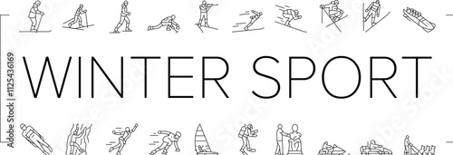 winter sport ski snow jump icons set vector. mountain snowboard, travel sky, white skier, slope extreme, speed active man athlete winter sport ski snow jump black contour illustrations