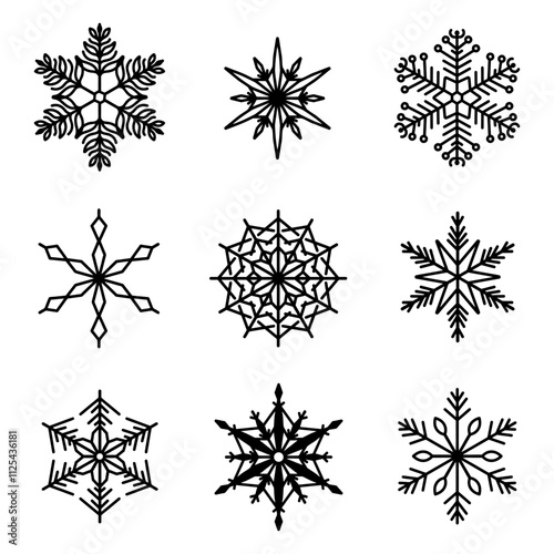 Unique snowflakes set, detailed hand drawn flat vector line illustration. Graphic outline drawing. Christmas and New Year symbol. Beautiful snowflake silhouette icon for frosty winter designs.