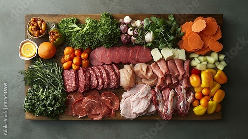 Diverse fresh produce and meats arranged on a wooden board showcasing food inflation trends in urban markets photo