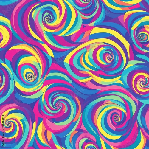 A vibrant abstract pattern of swirling shapes in neon colors, creating a dynamic and eye-catching visual. Perfect for backgrounds or textile designs. AI generated.