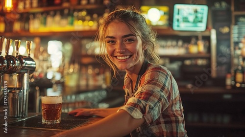 Friendly bartender in plaid shirt smiling at pub counter with draft beer, warm ambient lighting creates inviting atmosphere in traditional bar setting