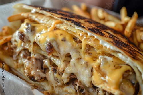 A close-up of a french taco with chicken, melted cheese, french fries and a delicious sauce