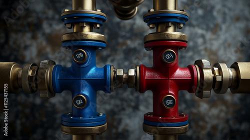 Industrial Pipes Blue Red Cross Valves Metal Plumbing Brass Fittings Copper Tubes Eng