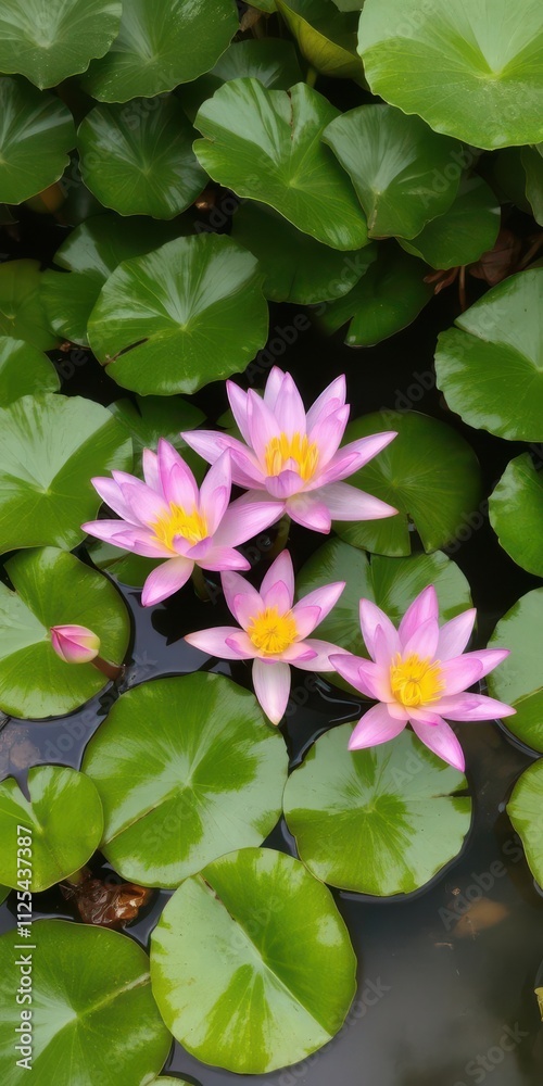 Vibrant pink waterlily blooms in peaceful pond surrounded by lush green leaves, waterlily