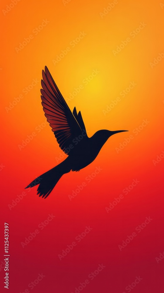 Obraz premium A striking silhouette of a bird gracefully flying through a colorful sunset, featuring rich hues of orange and yellow, perfect for a phone wallpaper design