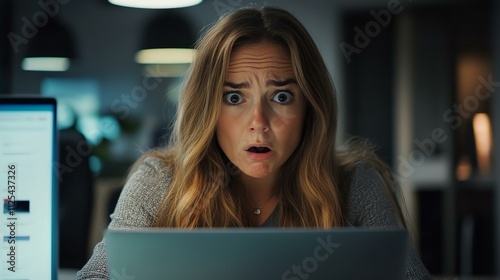 Surprise mistake or error with a business woman looking shocked while working on a laptop in her office.