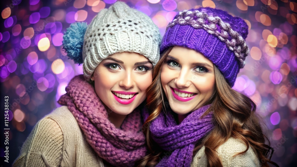 Portrait of two smiling womes in winter clothes against a Christmas violet bokeh background and Holiday Lights Portrait of two smiling womes in winter clothes against a Christmas violet bokeh background and Holiday Lights