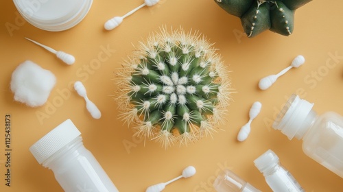 Cactus on Yellow Background with Beauty Products and Cotton Swabs photo