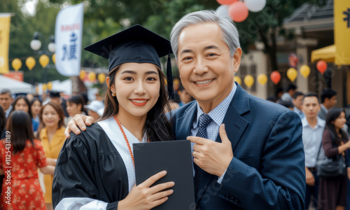 proud graduate poses with her father, celebrating her achievement in festive outdoor setting. atmosphere is joyful, filled with family and friends photo