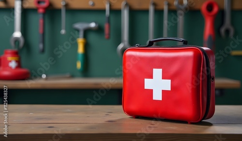 Red first aid kit on a workbench with tools in a workshop