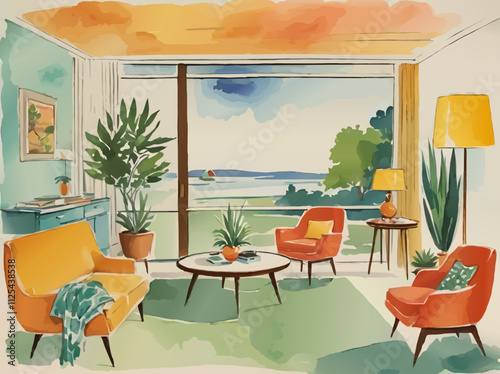 living room retro watercolor illustration