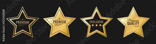 Golden glowing stars for the best product. Vector templates of gold stickers.