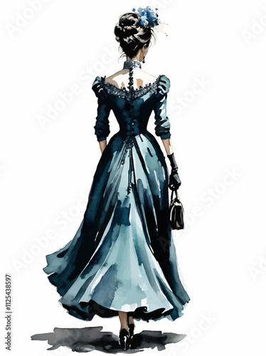 victorian woman walking watercolor illustration