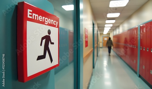 Emergency sign in a school hallway with lockers