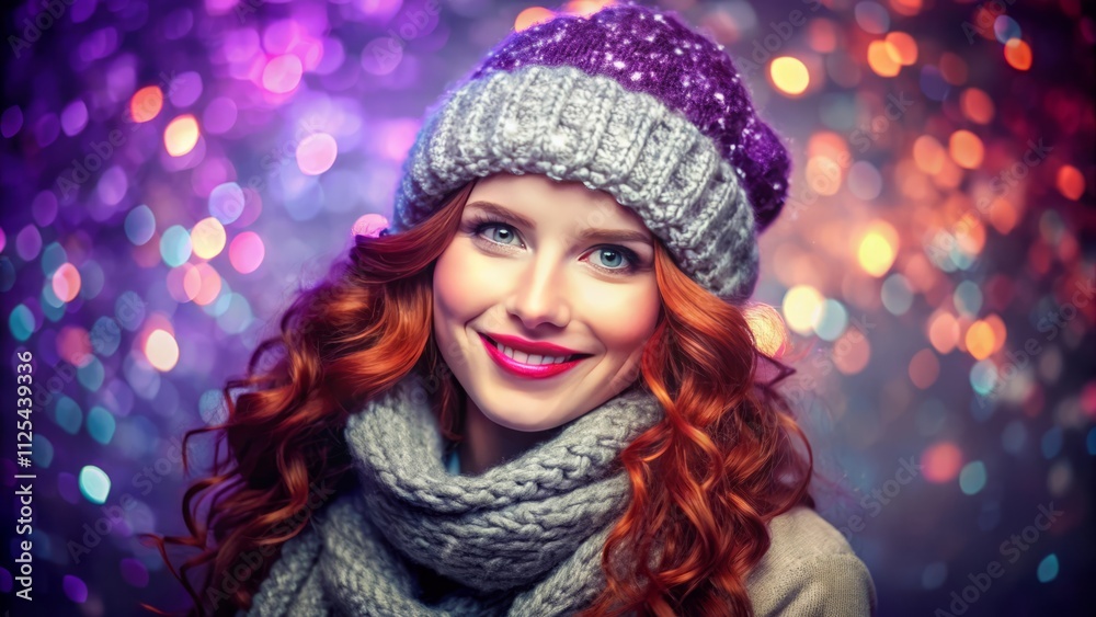 Portrait Smiling Red-Haired Woman in Winter Against Violet Bokeh Background and Holiday Lights Portrait Smiling Red-Haired Woman in Winter Against Violet Bokeh Background and Holiday Lights