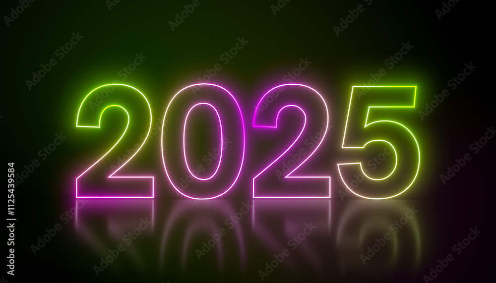 Illustration of abstract neon lights with the numbers 2025 in green and magenta over dark background on a reflective floor - represents the new year - vacation concept. Illustration of abstract neon lights with the numbers 2025 in green and magenta over dark background on a reflective floor - represents the new year - vacation concept.