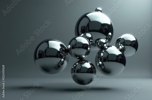 Cluster of chrome orbs of varying sizes, suspended mid-air with intricate reflections, against a gradient smoky gray backdrop