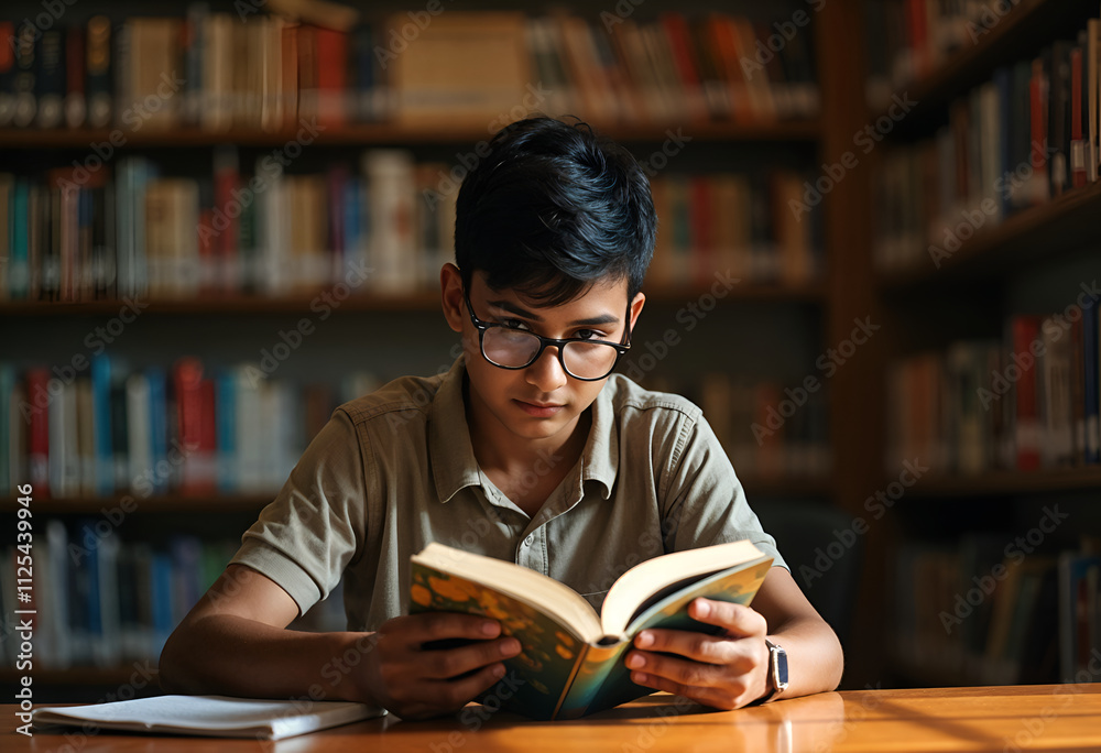 A teenage boy with glasses sits at a library table, engrossed in reading a book. The shelves behind him are filled with numerous books, suggesting a studious environment. A teenage boy with glasses sits at a library table, engrossed in reading a book. The shelves behind him are filled with numerous books, suggesting a studious environment.