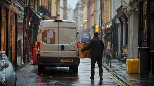 A delivery driver unloading packages from a van in a busy urban setting.