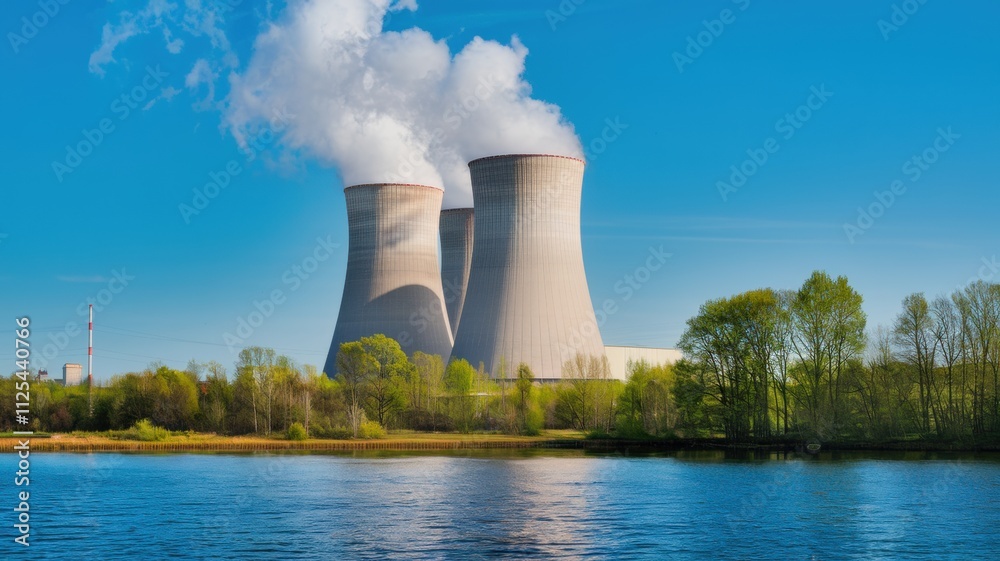 Cooling towers of a nuclear power plant on a natural background of a summer blue sky. Energy concept. Cooling towers of a nuclear power plant on a natural background of a summer blue sky. Energy concept.