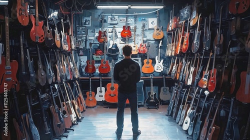 A person stands silhouetted in a mesmerizing guitar shop, surrounded by walls of acoustic and electric guitars in various colors and styles, with fluorescent lighting 