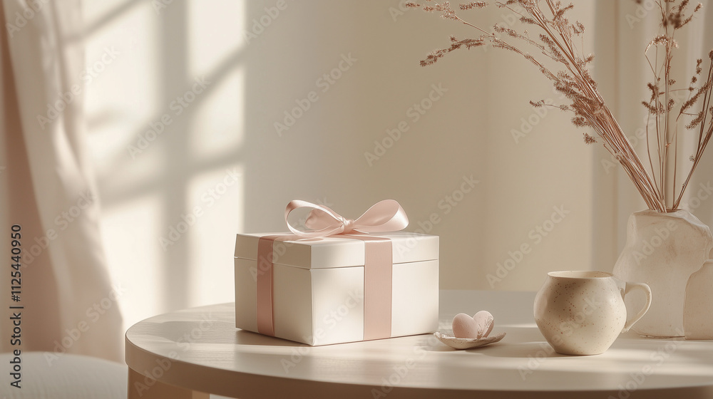 Minimalist Valentine's scene, small gift box with ribbon, soft pink and white color palette, gentle lighting, clean and simple design with modern aesthetic, cozy and calm mood Minimalist Valentine's scene, small gift box with ribbon, soft pink and white color palette, gentle lighting, clean and simple design with modern aesthetic, cozy and calm mood