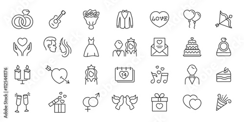 Love icons set. Romantic, date, cupid, wedding, valentine. Vector