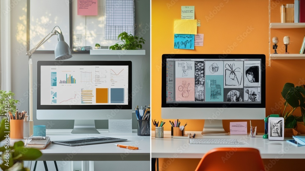 Two contrasting workspaces highlight a minimalist setup with charts and an artistic display filled with sketches and colors for inspiration. Generative AI Two contrasting workspaces highlight a minimalist setup with charts and an artistic display filled with sketches and colors for inspiration. Generative AI
