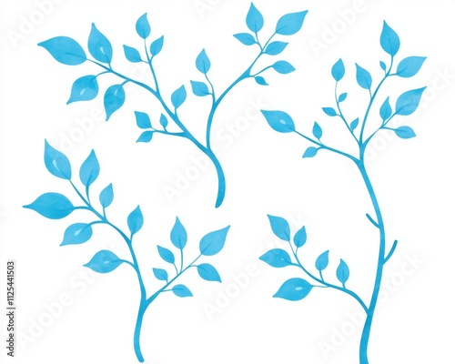 Blue branches and leaves painted with watercolors. These hand-drawn natural motifs are great for decorating textiles, cards, invitations, and a range of other products.