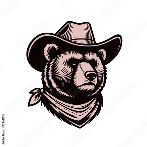 Stylized bear wearing a cowboy hat and bandana, showcasing a strong and rugged look. High-quality isolated vector illustration perfect for logos, tattoos, and rustic designs.