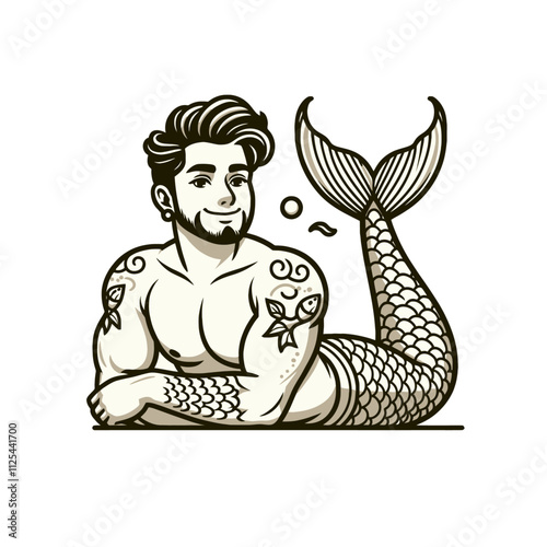 A relaxed merman with tattoos reclining gracefully, perfect for creative fantasy designs, whimsical aquatic branding, or unique ocean-themed illustrations. Isolated vector illustration