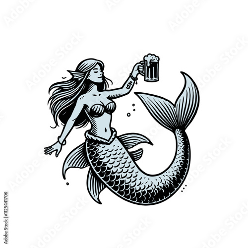 A graceful mermaid holding a frothy beer mug, ideal for elegant aquatic-themed designs, whimsical illustrations, or fantasy branding. Isolated vector illustration