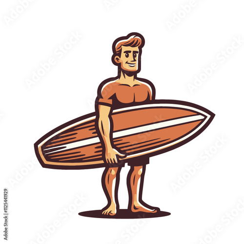 A retro-styled surfer holding a classic surfboard, ideal for vintage beach-themed illustrations, ocean branding, or summer lifestyle designs. Isolated vector illustration 